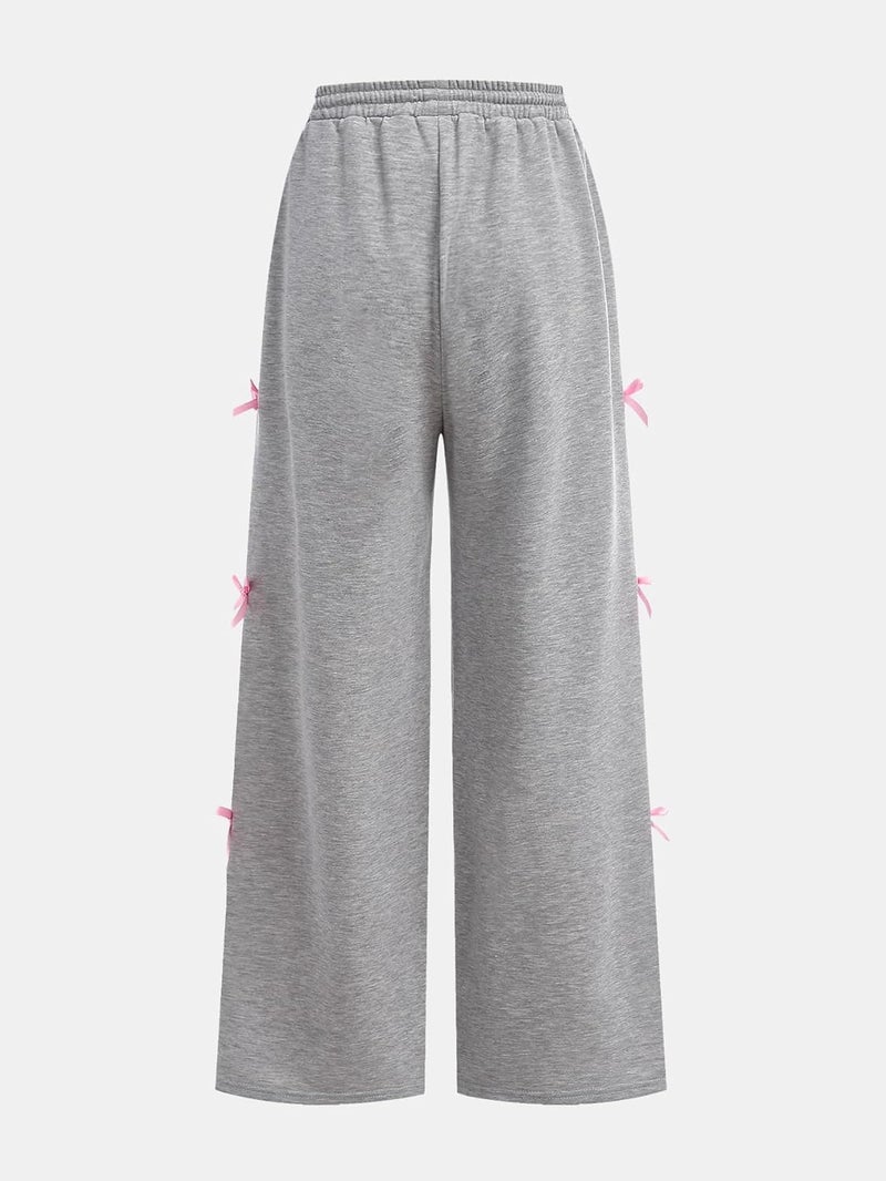 OYOANGLE Girl's Elastic Drawstring Waist Bow Sweatpants Y2K Wide Leg Long Trousers - Image 1
